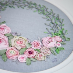 Pink Ribbon Rose Wreath. Silk Ribbon Hand Embroidery 