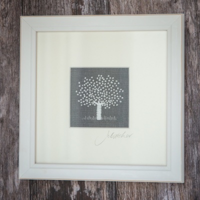 White Tree on Charcoal. Hand Embroidery 
